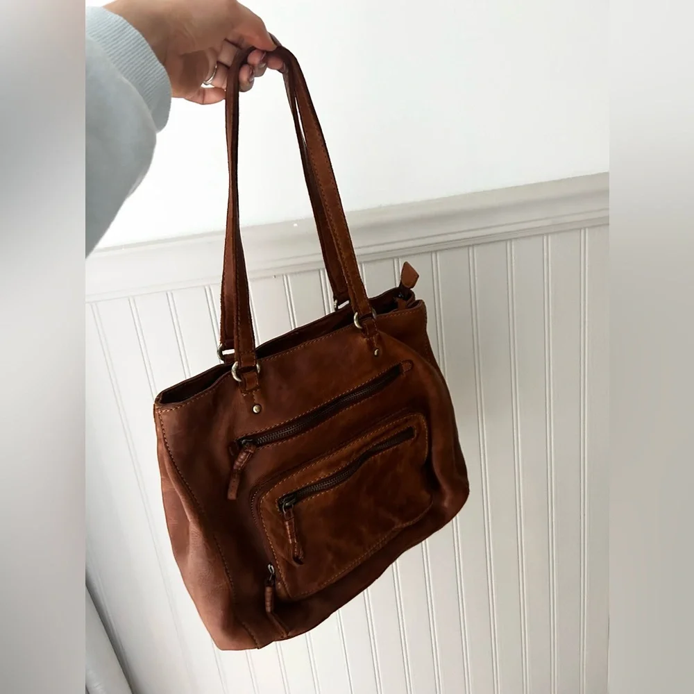 Genuine Leather Cognac Brown Shoulder Tote Bag 2 Front Zipper